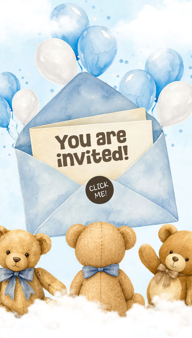 You are invited! A watercolor invitation with blue balloons and teddy bears.