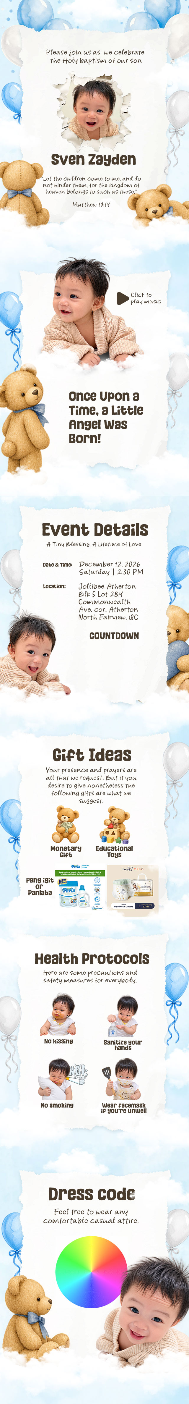 Sven's invitation details, event information, gift ideas, health protocols, and dress code.